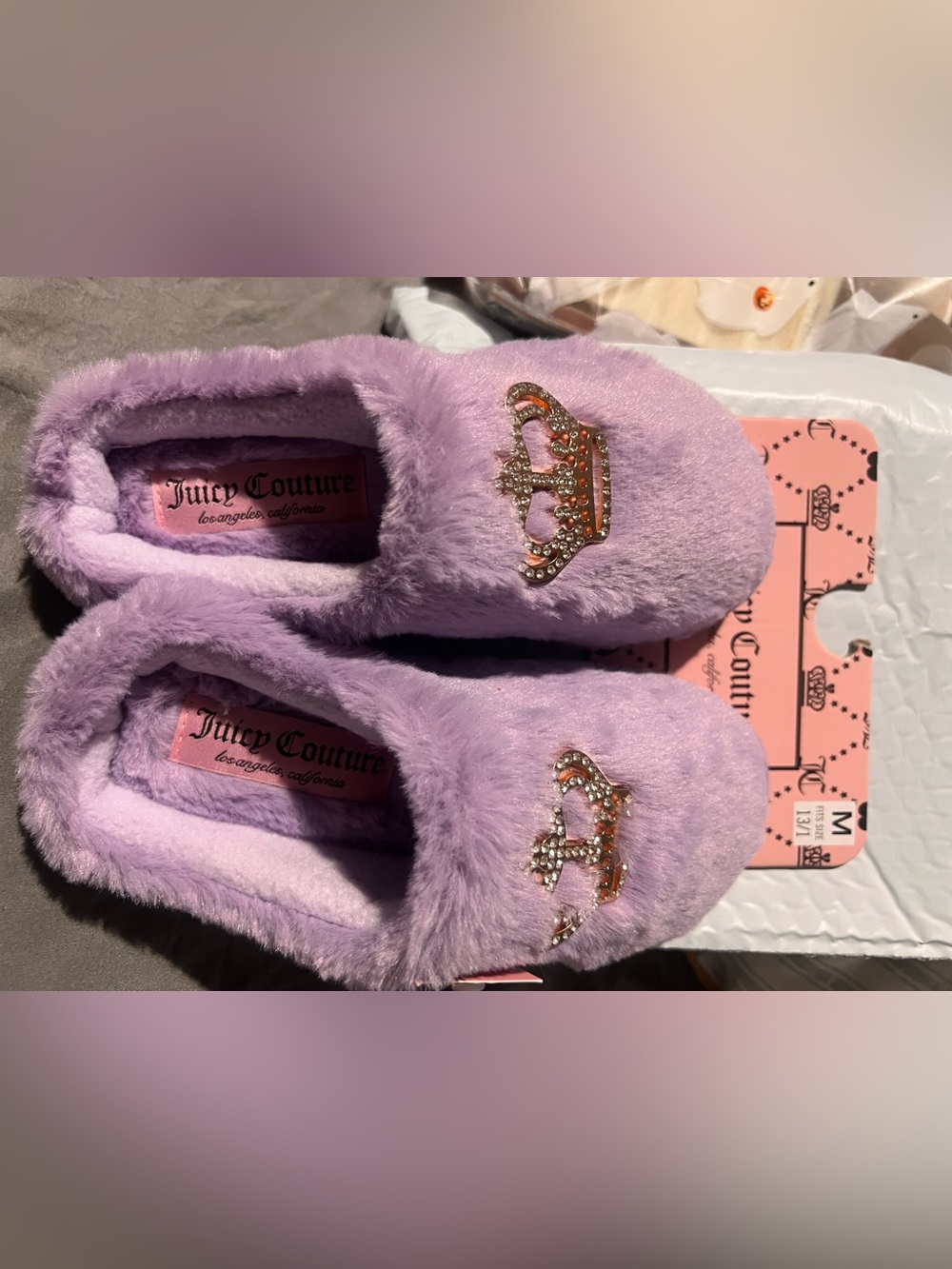 Juicy Couture Girls' Plush Lilac Slip-On Slippers with Rhinestone Crown